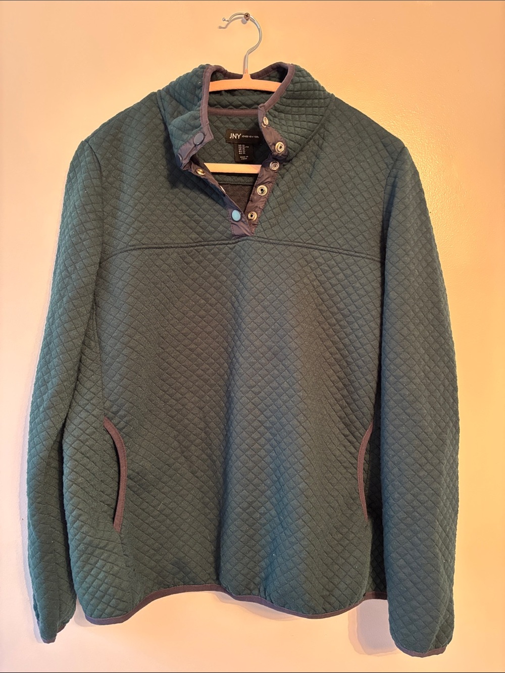 Jones New York Quilted Teal Zip-Up Sweater with Contrast Trim